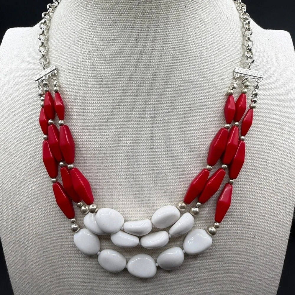 Red White Beaded Statement Necklace Silver Tone Triple Strand Chunky Boho Gift